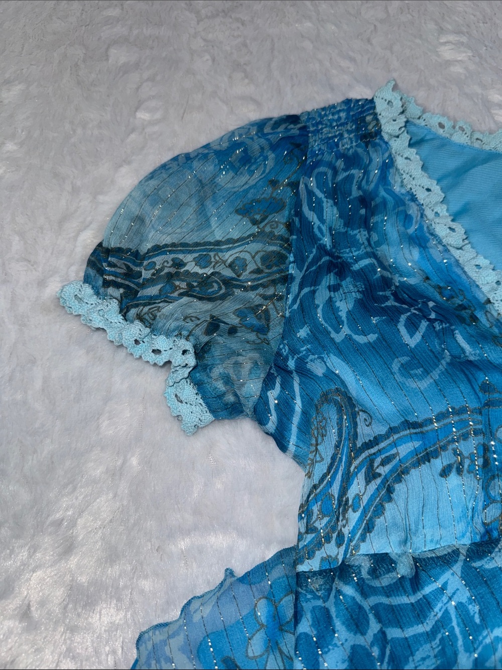 Aris.A NWT 100% Silk Bottom Blue & Turquoise Paisley V-Neck Sheer Blouse - Picture 10 of 10